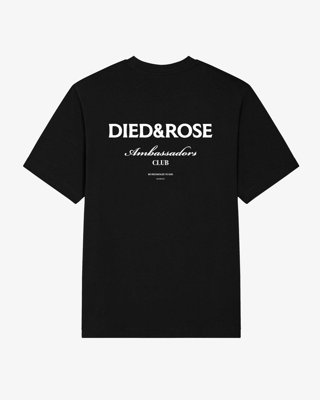 Black Christian streetwear T-shirt back design with Died & Rose logo and Ambassadors Club script, relaxed fit faith-based tee