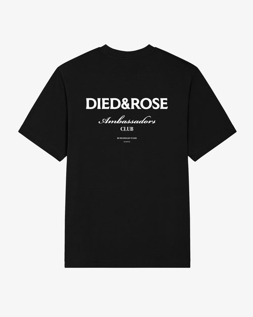 Black Christian streetwear T-shirt back design with Died & Rose logo and Ambassadors Club script, relaxed fit faith-based tee