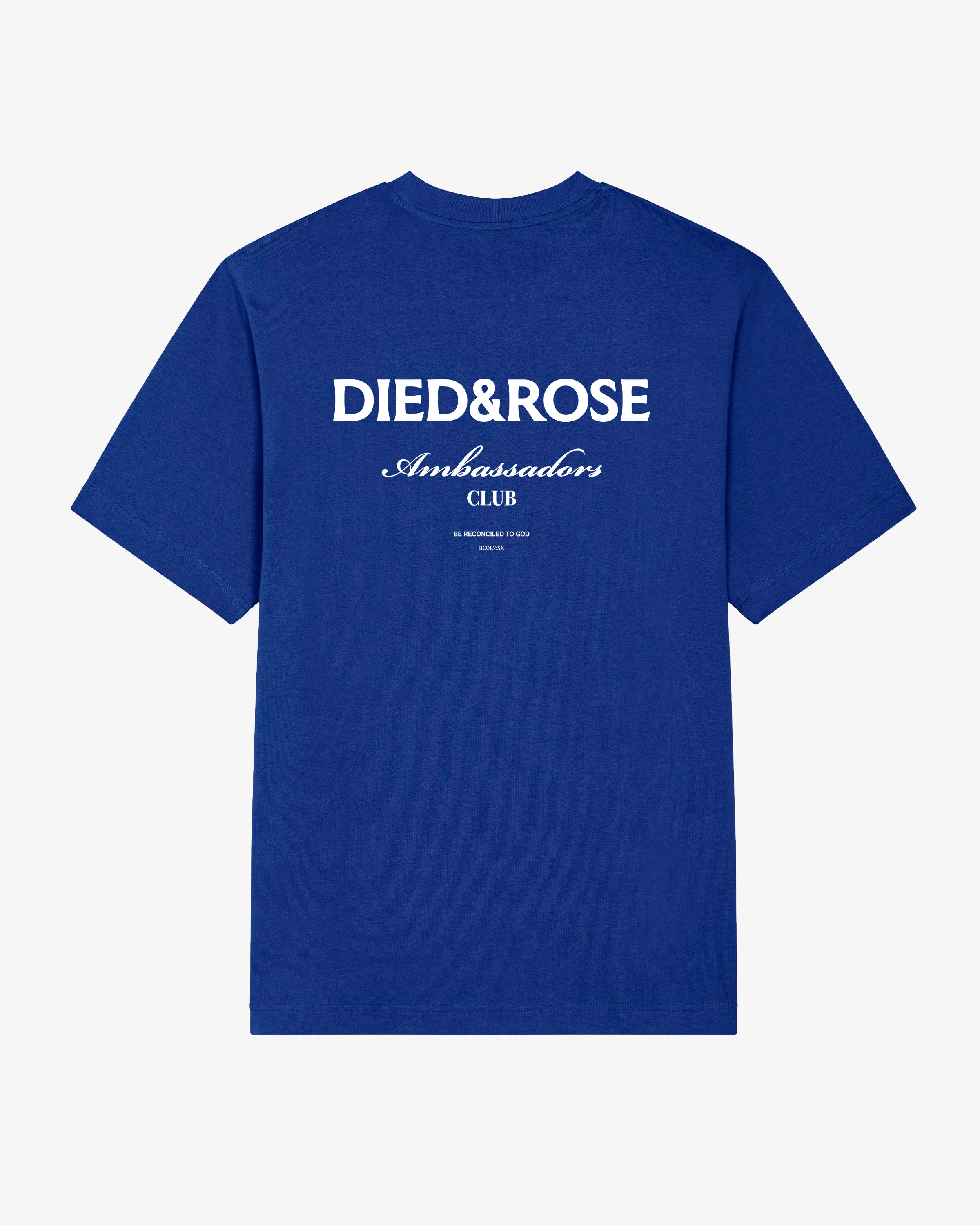 Worker Blue Christian streetwear T-shirt back design with Died & Rose logo and Ambassadors Club script, relaxed fit faith-based tee