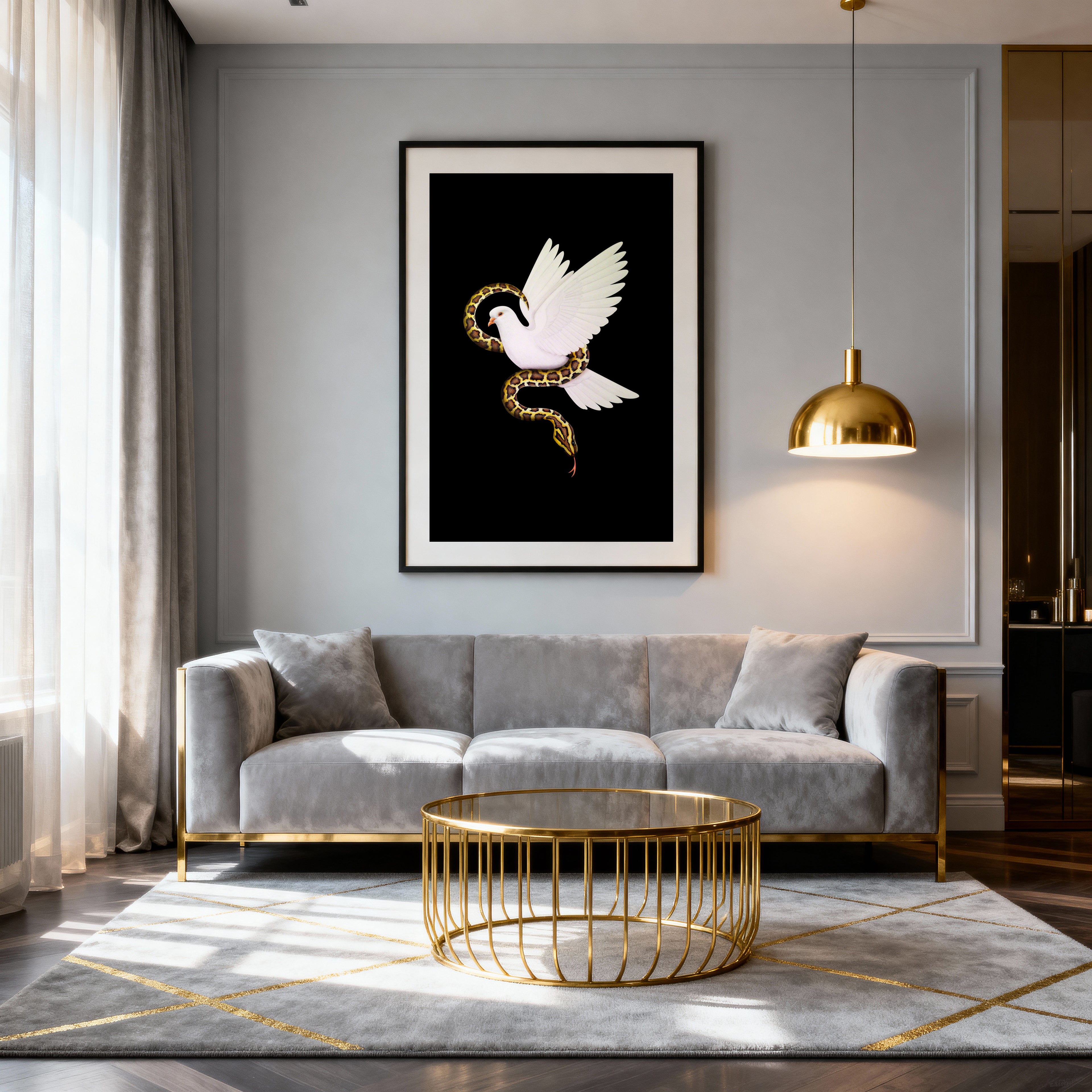 Modern Christian artwork displayed in a frame on the wall in a living room with a gray sofa, gold coffee table.