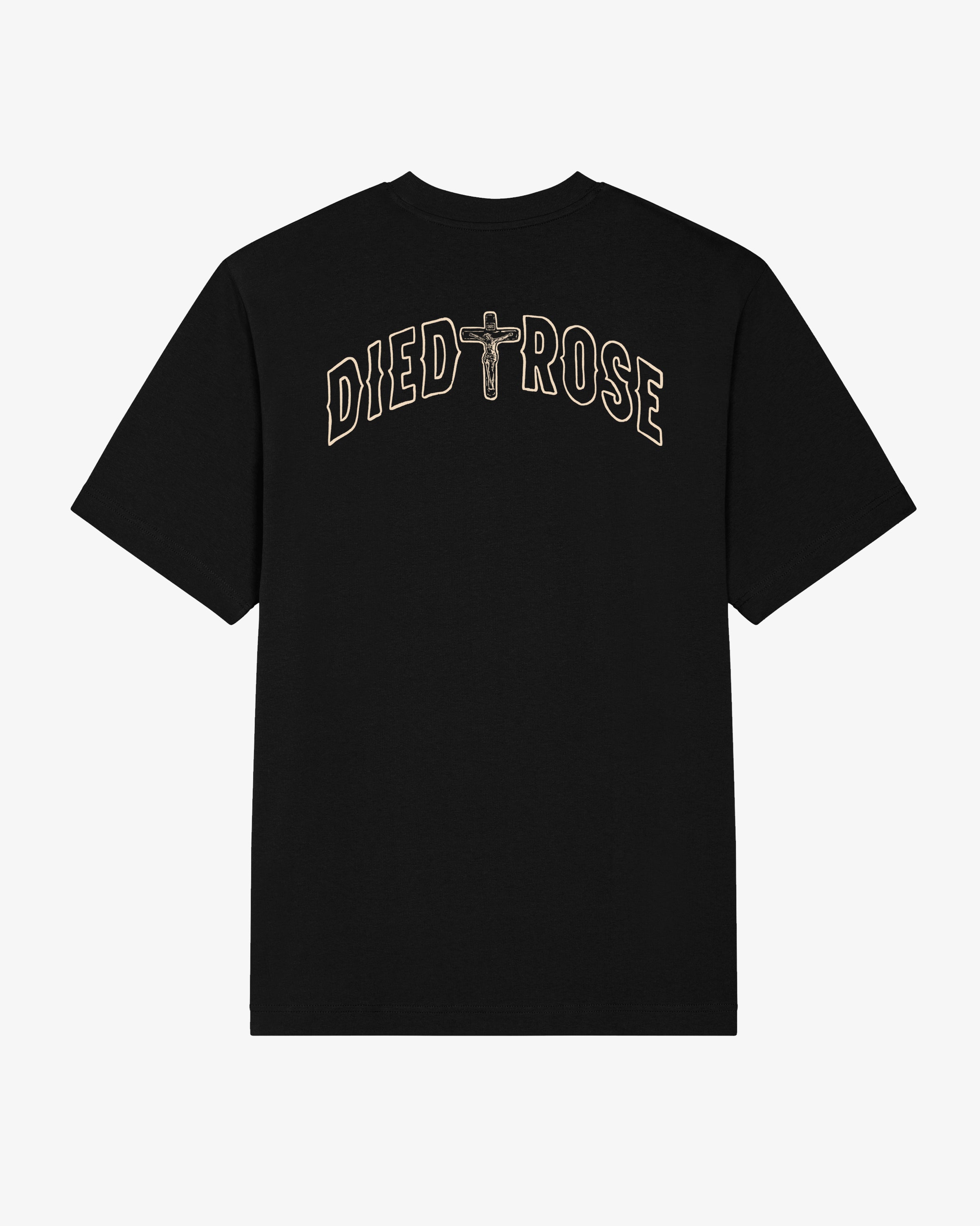 Black Christian streetwear T-shirt with Died & Rose back design and crucifix, relaxed fit faith-based tee