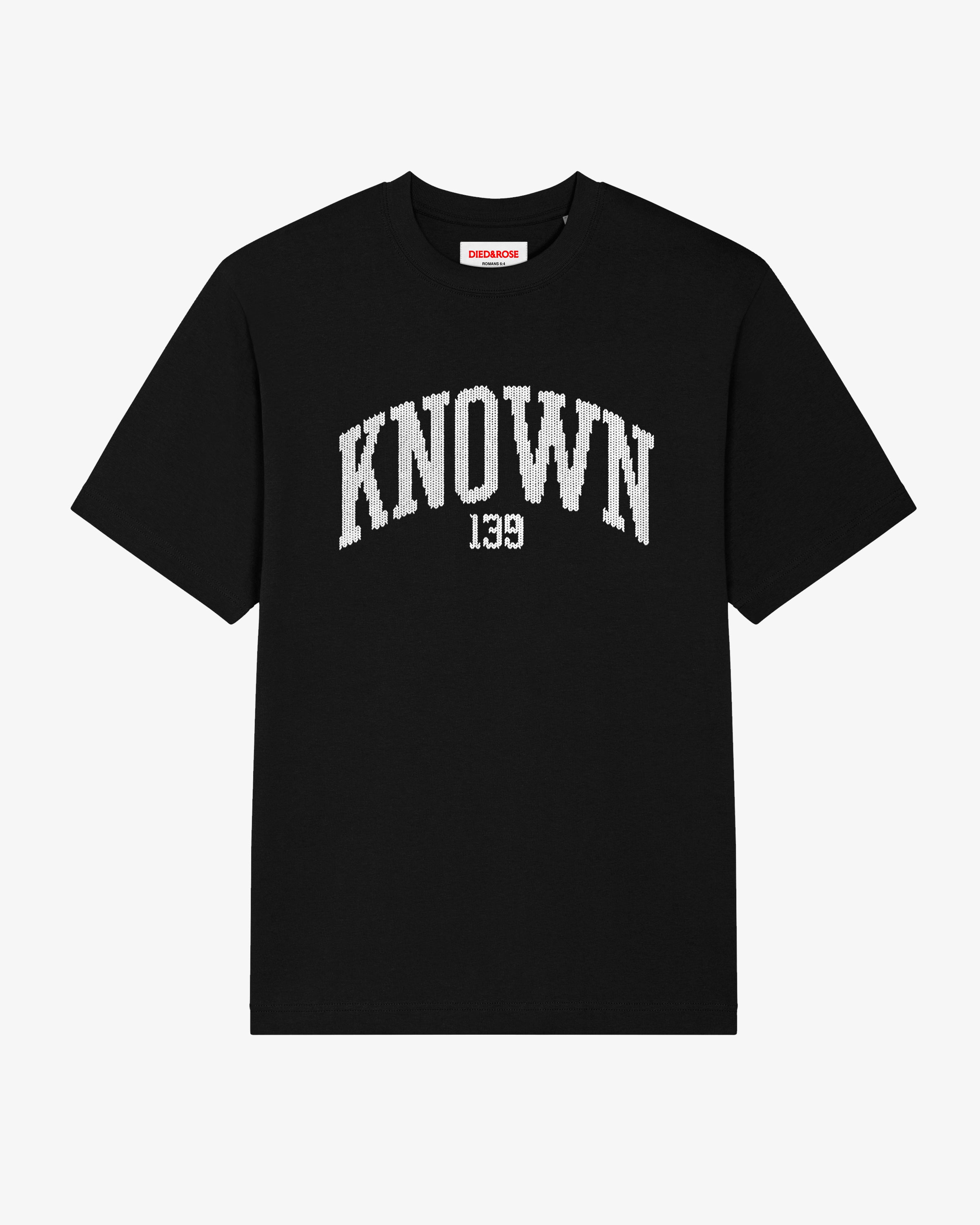 Black Christian streetwear T-shirt with white "Known" chest print, relaxed fit faith-based tee