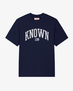 French Navy Christian streetwear T-shirt with white "Known" chest print, relaxed fit faith-based tee