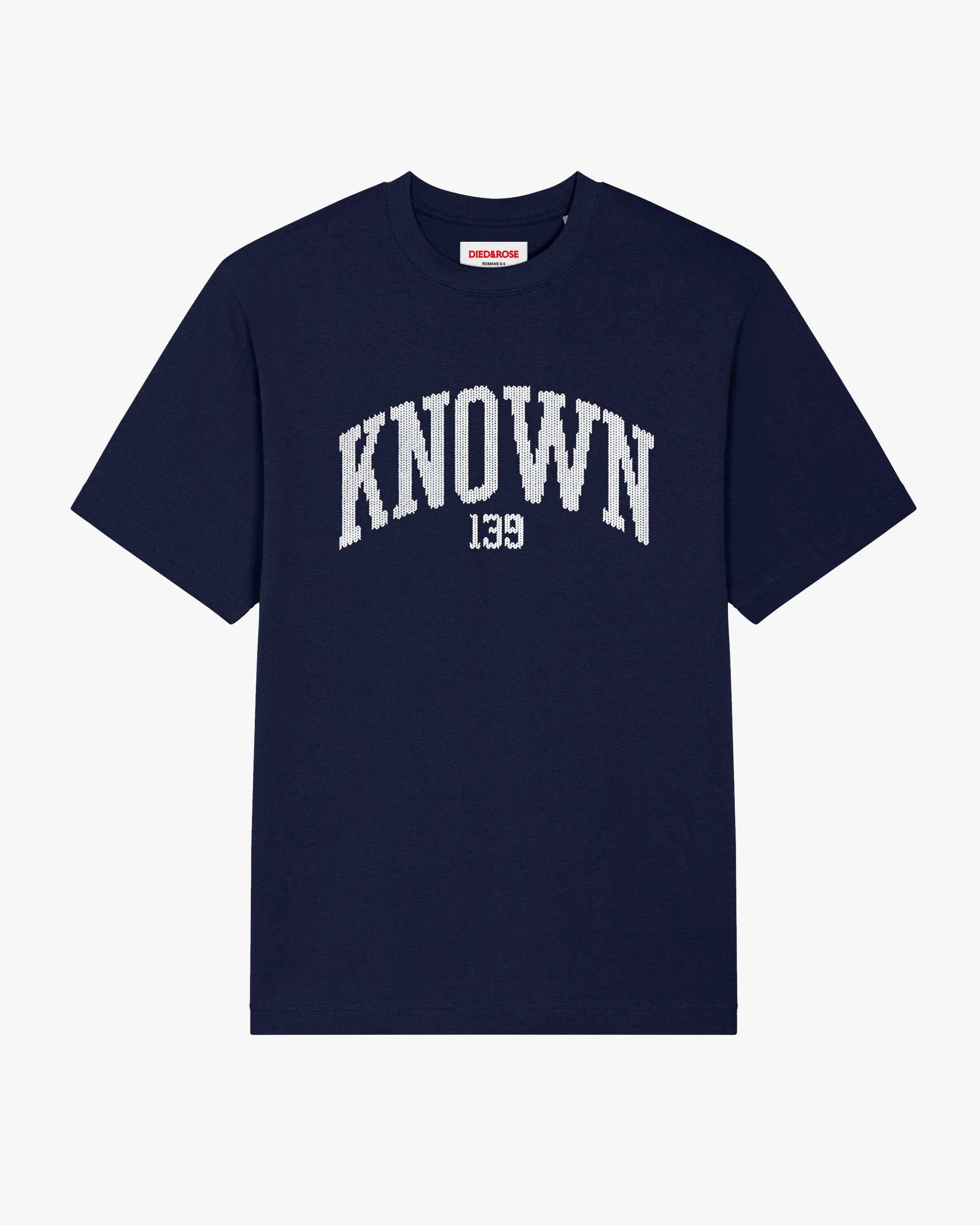 French Navy Christian streetwear T-shirt with white "Known" chest print, relaxed fit faith-based tee