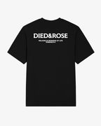 Black Christian streetwear T-shirt back design with white Died & Rose logo and Romans 6:4 verse, relaxed fit faith-based tee